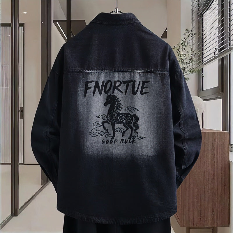 Herren Locker geschnittene Denim-Hemdenjacke mit künstlerischem Rückenprint und Overshirt-Schnitt Chichicherry