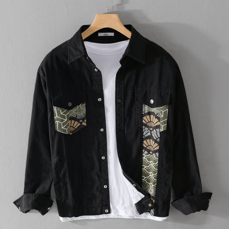 Men's Lightweight Canvas Overshirt in Worker Style with Japanese Pattern Patch and Snap Button Placket Chichicherry