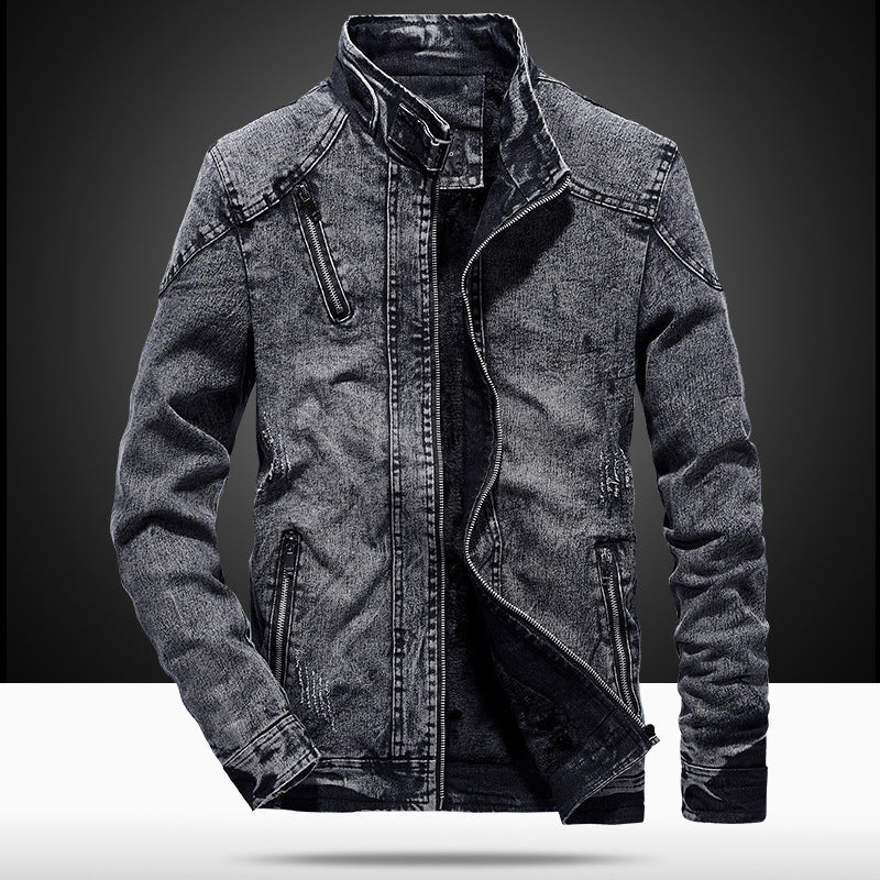 Men's Slim-Fit Denim Work Jacket with Stand Collar and Zipper Details Chichicherry