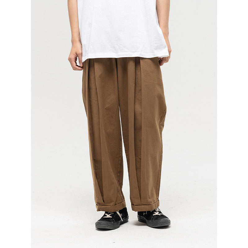 Women Wide High-Waist Pleated Pants with Elastic Drawstring and Cuffed Hem Chichicherry