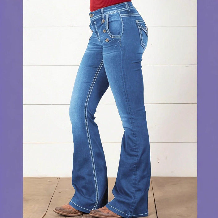 Women's High-Waist Denim Flare Jeans with Side Decorative Button Placket and Sculpting Fit Chichicherry