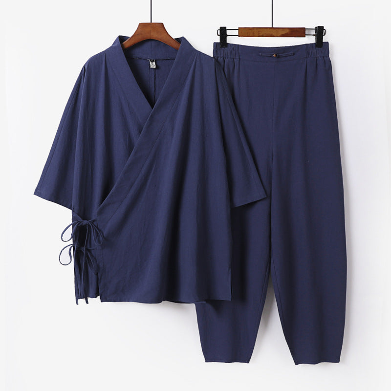Unisex Lightweight Wrap Lounge Set in Kimono Style with Side Ties and Elastic Tapered Pants Chichicherry