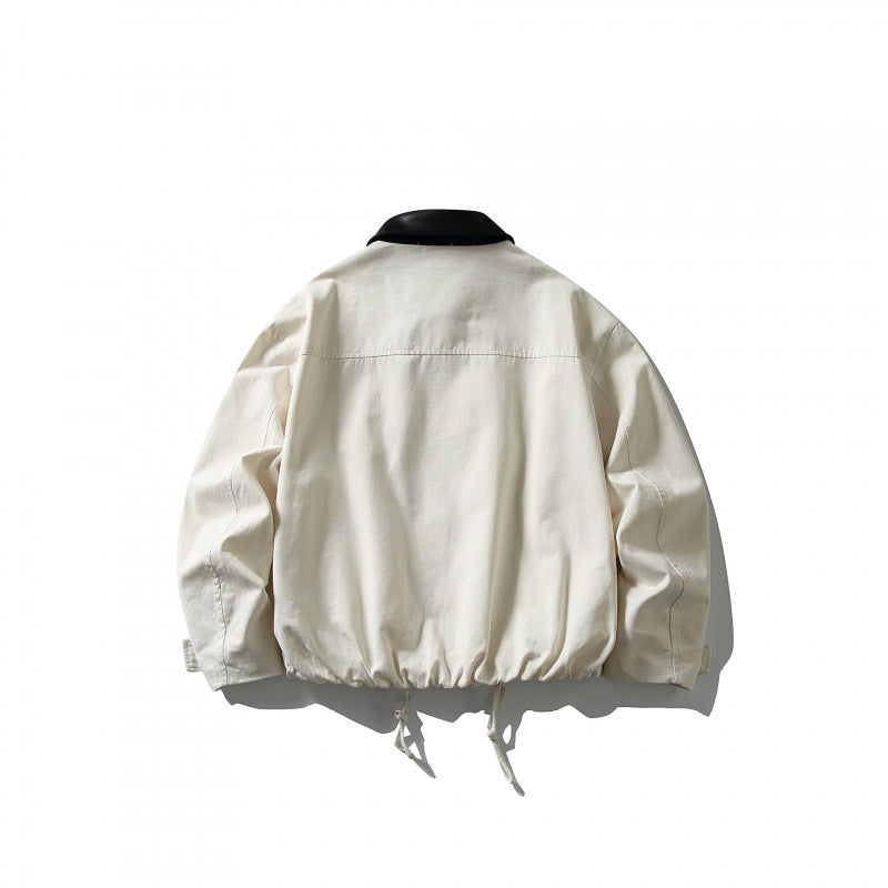 Men's Boxy Utility Jacket with Faux Leather Collar, Drawstring and Snap Cuffs Chichicherry