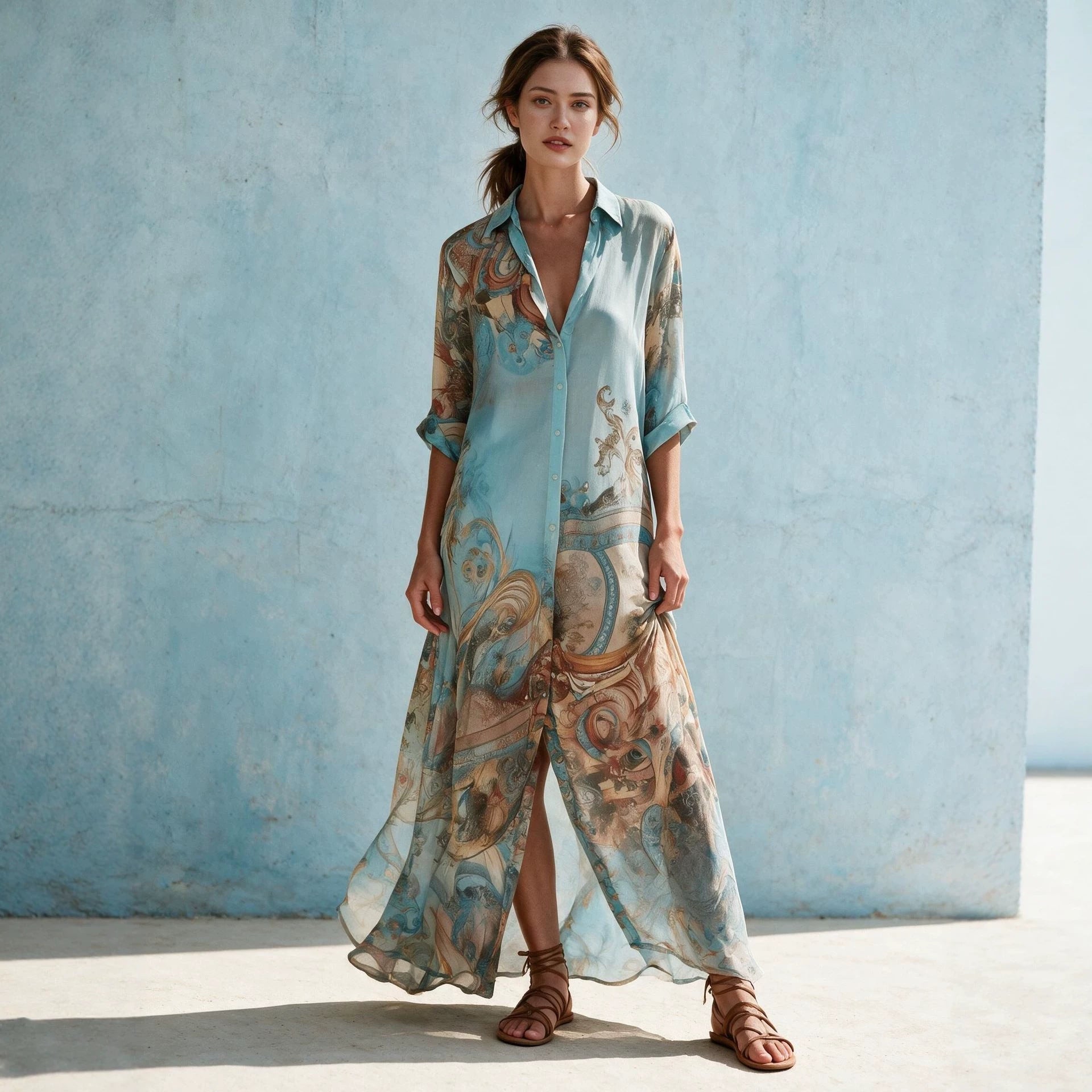 Damen Hemdblusenkleid Maxikleid in fließender Seidenoptik mit kunstvollem Allover-Print und 3/4-Ärmeln Chichicherry