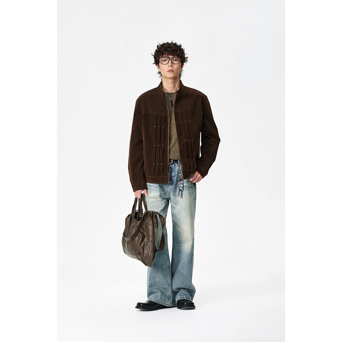 Men's Velour Leather Look Blouson Jacket with Pleated Yoke and Stud Detail Chichicherry