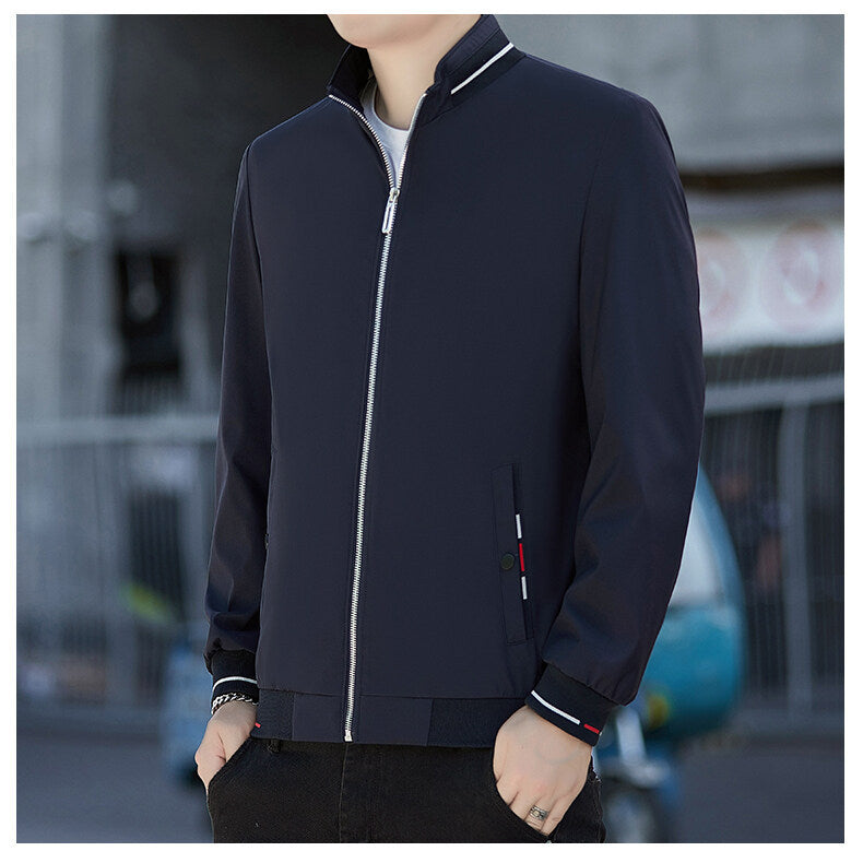 Men's Minimalistic Softshell Bomber Jacket with Stand Collar and Contrast Stripe Cuffs Chichicherry