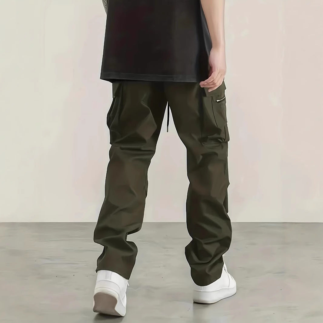 Men's wide utility cargo pants with drawstring waistband, multifunction pockets & zip pocket Chichicherry