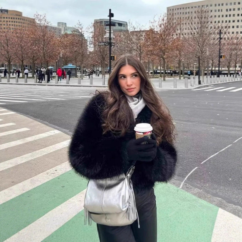 Women Short Cropped Faux Fur Blouson with Voluminous Shawl Collar and Soft Inner Lining Chichicherry