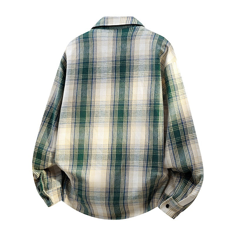 Men's Oversized Checked Flannel Shirt Jacket with Breast Pocket & Rounded Hem Chichicherry