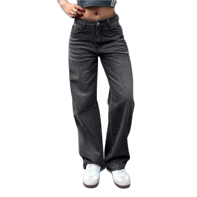 Ladies Wide High-Waist Denim Pants with Straight Leg and Vintage Stitching Chichicherry