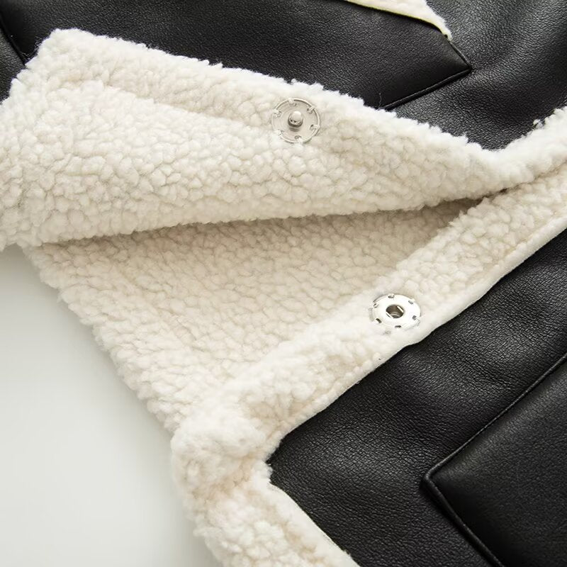 Women's Sleeveless Lambskin Imitation Vest with Lapel Collar and Patch Pockets Chichicherry