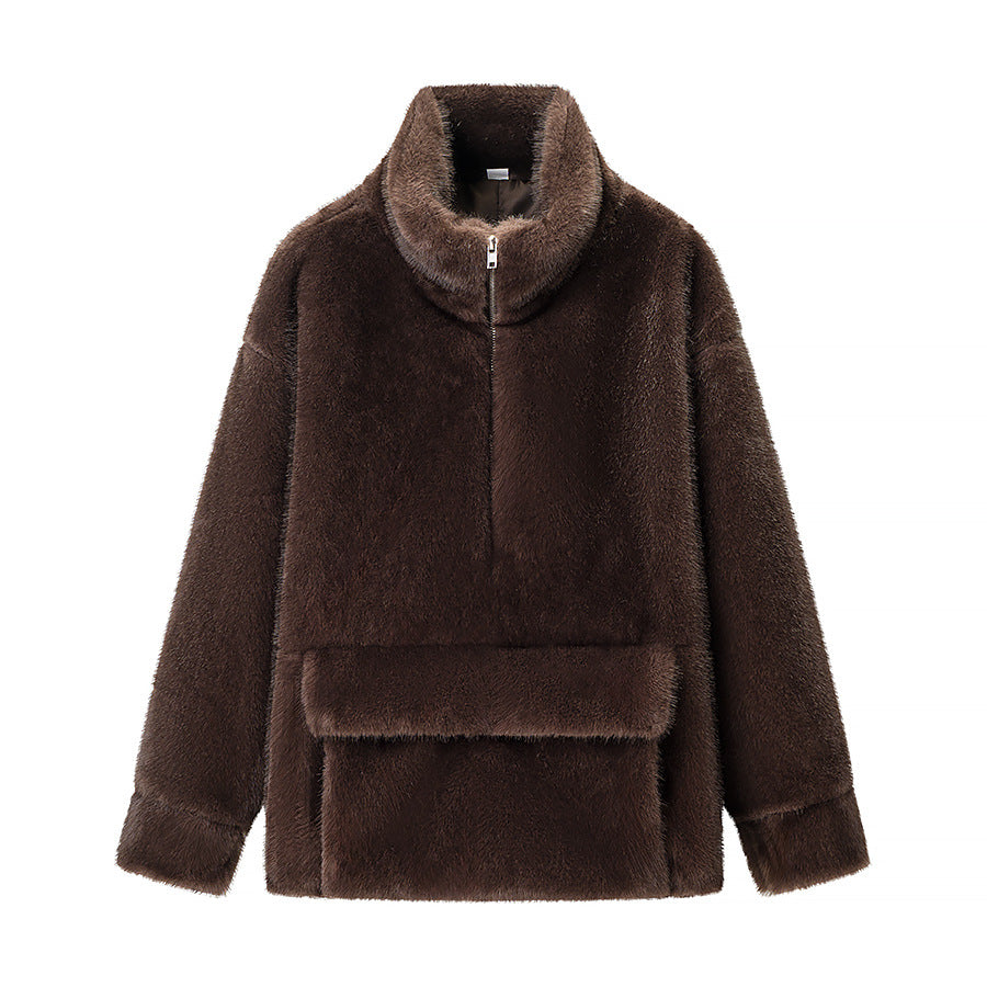 Women's Oversize Teddy-Fleece Pullover with Half Zipper and Large Flap Pocket Chichicherry