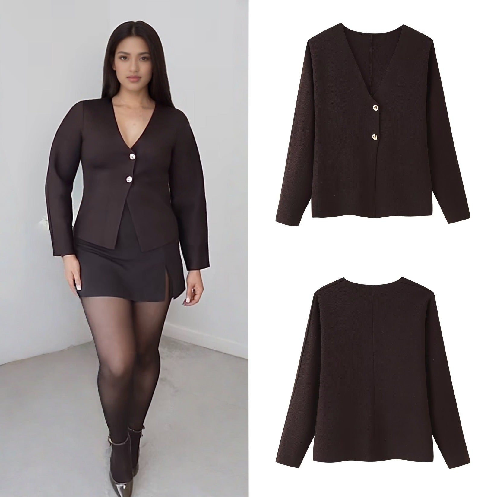 Women's Boxy Fine Knit Jacket with Deep V-Neck and Golden Decorative Buttons Chichicherry