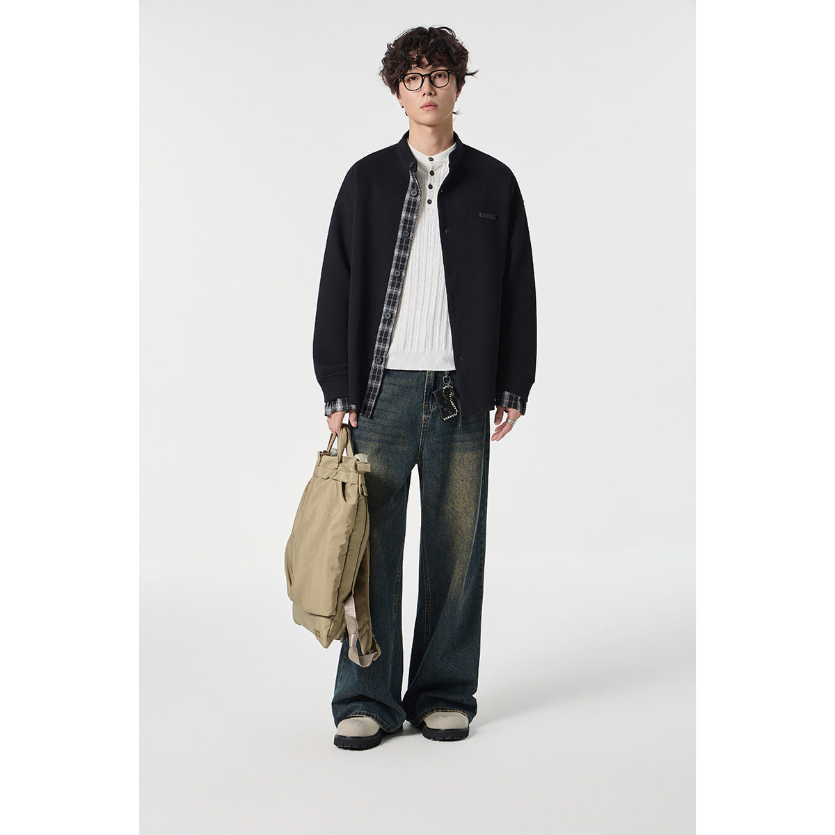 Unisex Oversized Shirt Jacket in Sweat Overlay with Stand-Up Collar and Checkered Inner Cuff Chichicherry