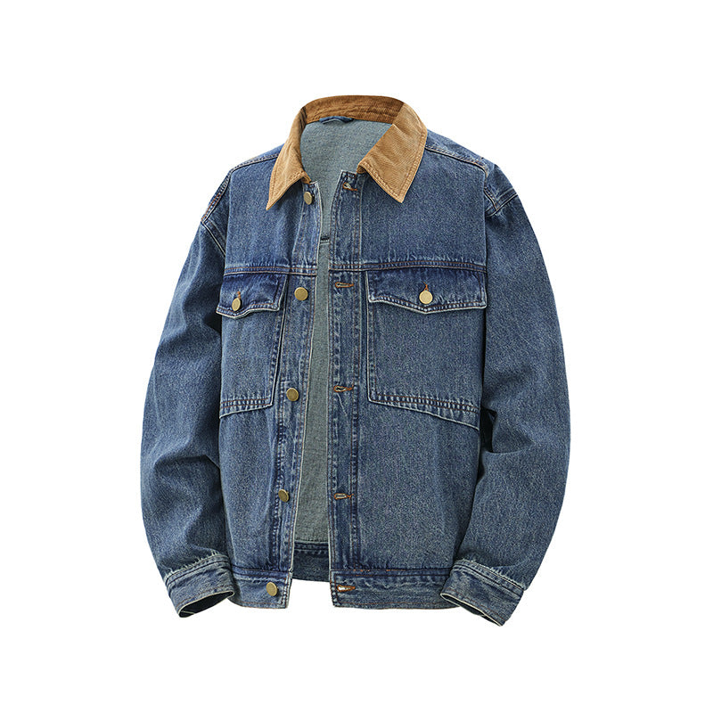 Men's Boxy Denim Blouson Jacket with Cord Collar and Multi-Function Flap Pockets Chichicherry