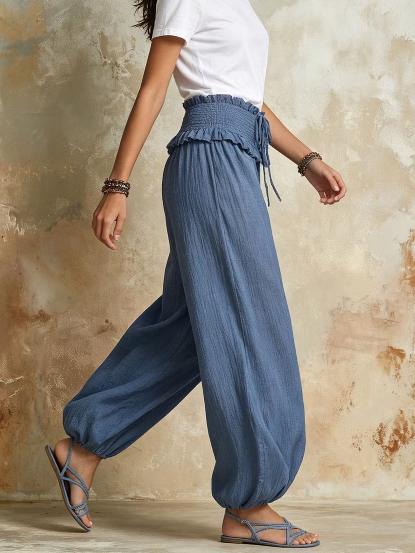 Damen Weite Haremshose mit gerafftem Smock-Bund und elastischen Knöchelabschlüssen Chichicherry