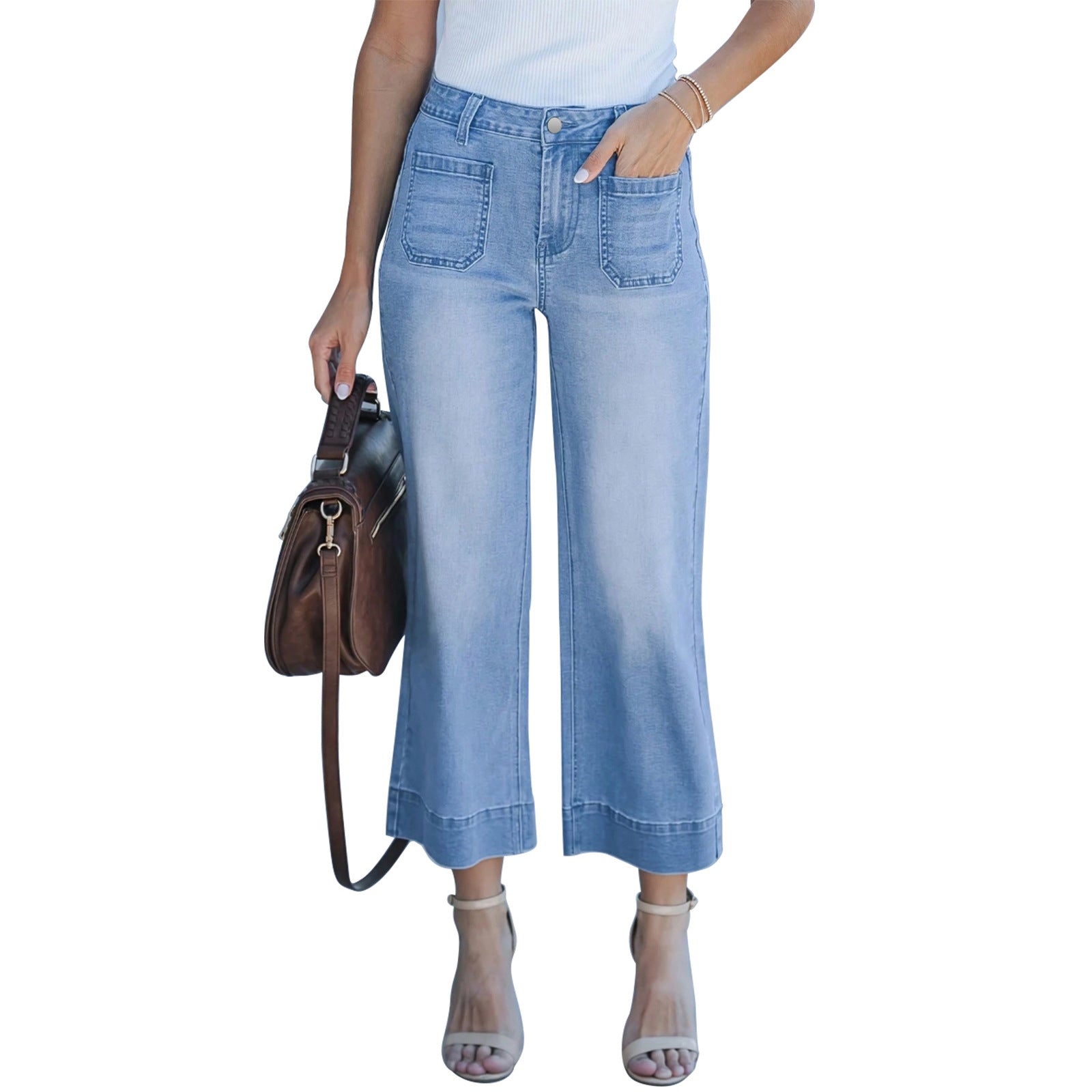 Women High-Waisted Culotte Jeans with Wide Legs and Patch Front Pockets Chichicherry