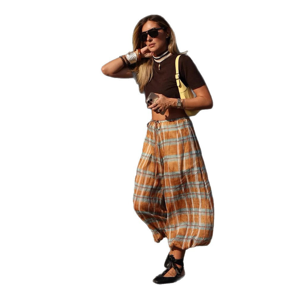 Women wide plaid harem pants with elastic waistband, drawstring & gathered ankle cuffs Chichicherry