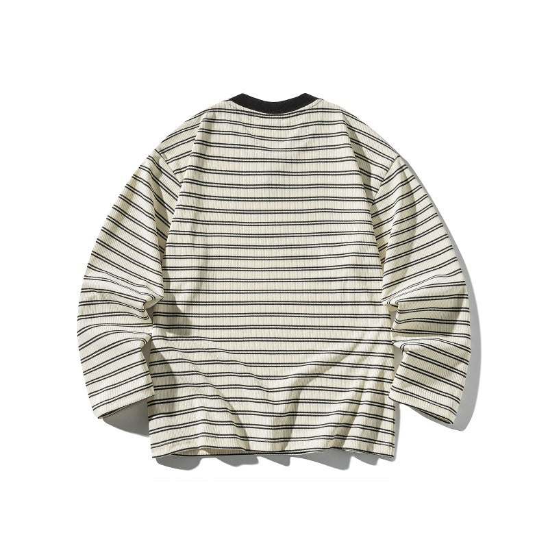 Unisex Striped Textured Long Sleeve with Notch V-Neck and Ribbed Structure Chichicherry