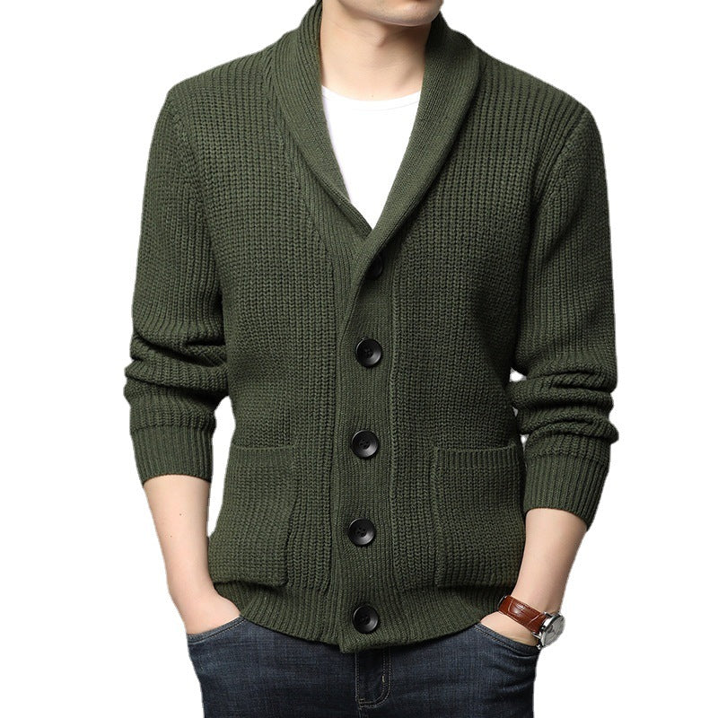 Men's chunky knit cardigan with shawl collar, patch pockets, and button placket Chichicherry