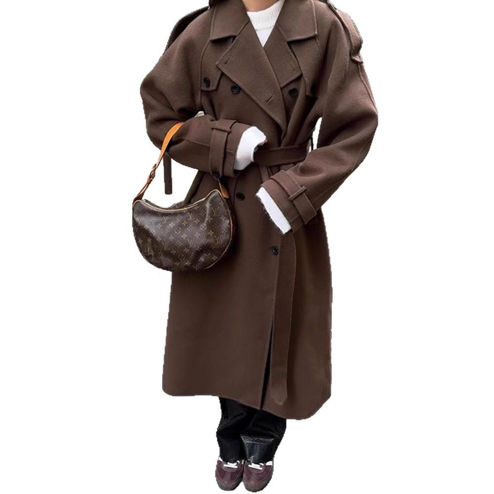 Women's Oversized Wool Coat with Wide Lapel Collar and Waist Belt Chichicherry