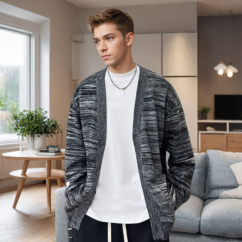 Herren Lockerer Melierter Oversize-Strickcardigan mit Knopfleiste und aufgesetzten Taschen Chichicherry