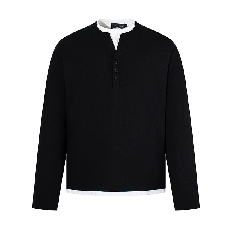 Men's Long-Sleeve Henley Layer Shirt with Contrasting Inner Collar and Modern Regular Fit Chichicherry