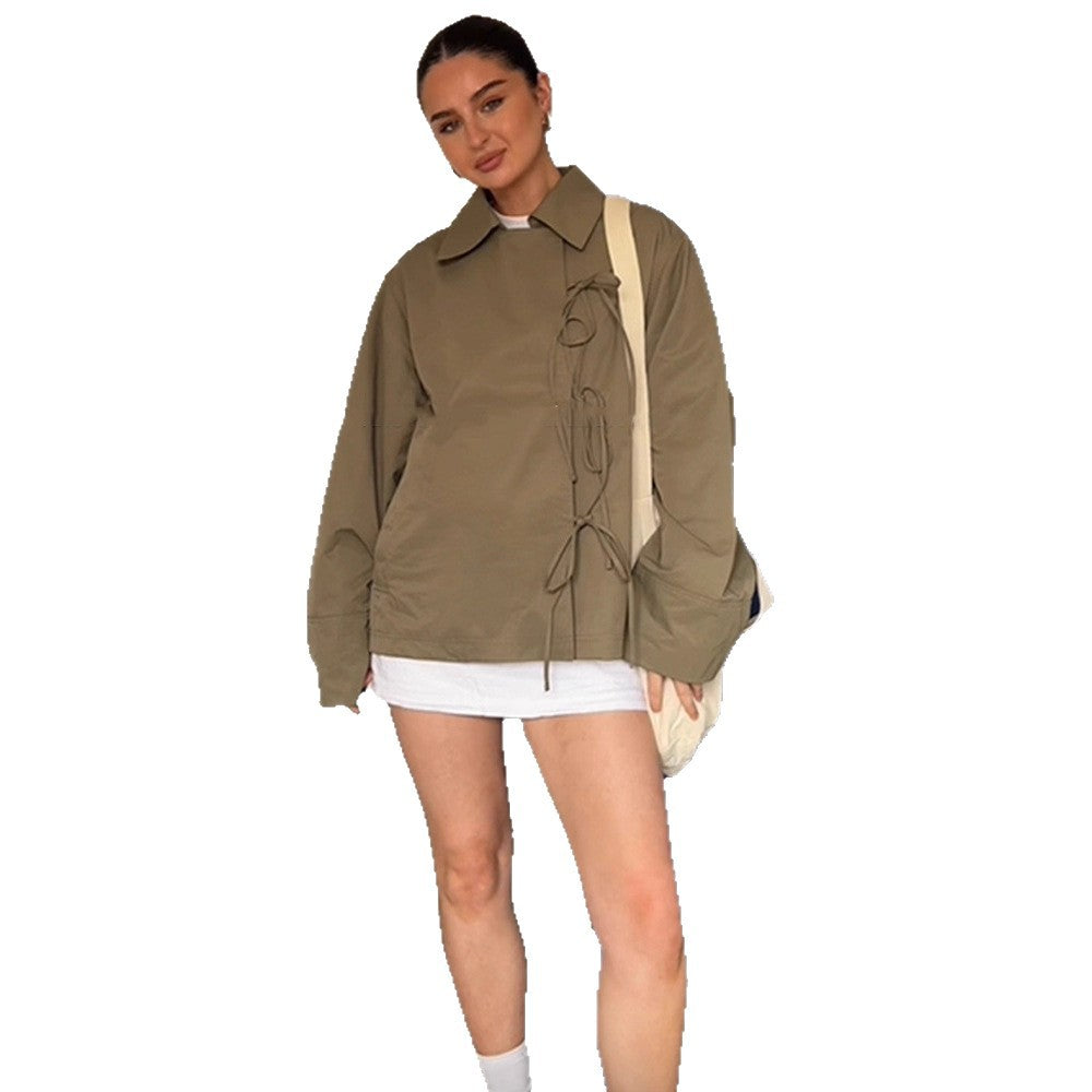 Women's Oversized Shirt Jacket with Decorative Knot Closures and Shirt Collar Chichicherry
