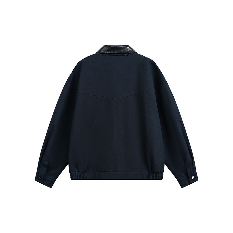 Men's Oversize Harrington Jacket with Faux Leather Collar, Flap Pockets, and Elastic Hem Chichicherry