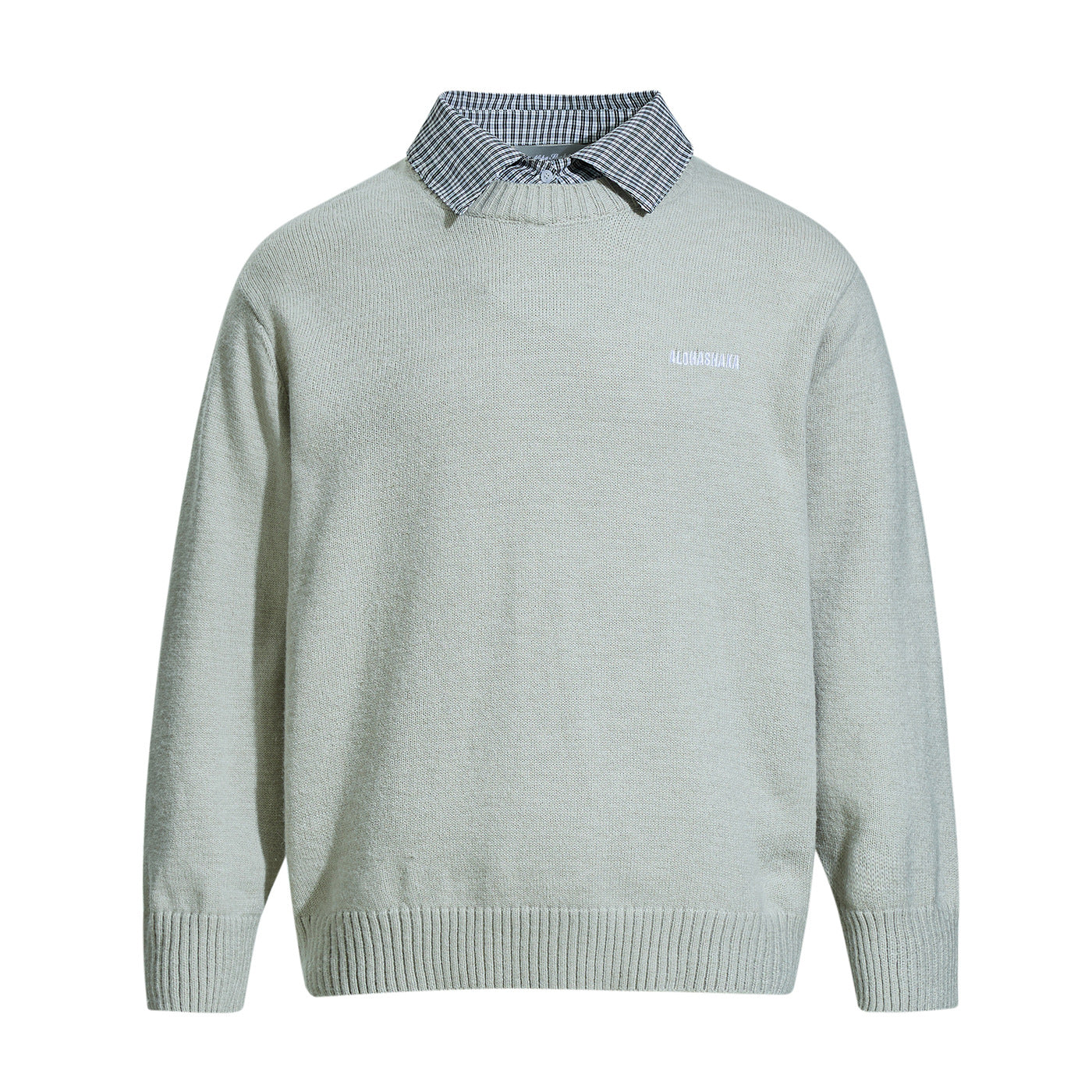 Men's round neck sweater with embroidered logo and layered shirt collar Chichicherry