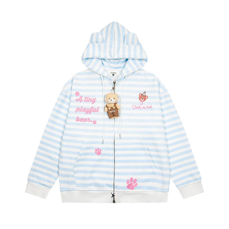 Women's Striped Hooded Sweat Jacket with Teddy Pendant, Ear Hood and Embroidery Detail Chichicherry