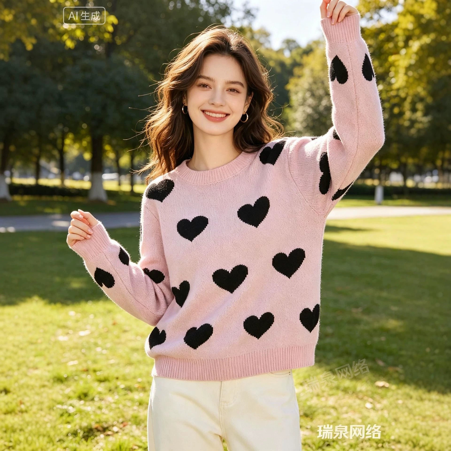 Women Oversize Knit Sweater with Heart Jacquard and Round Neck Chichicherry