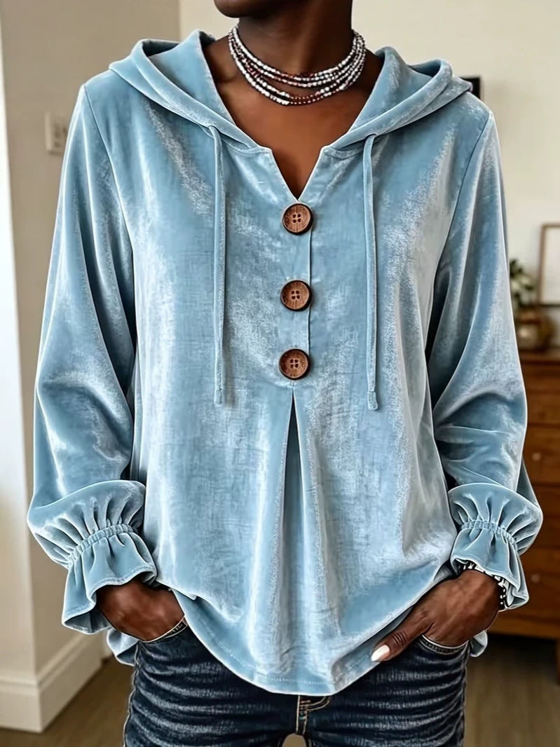 Women Velvet Hooded Blouse with Decorative Button Placket, Front Pleat and Gathered Cuff Sleeves Chichicherry