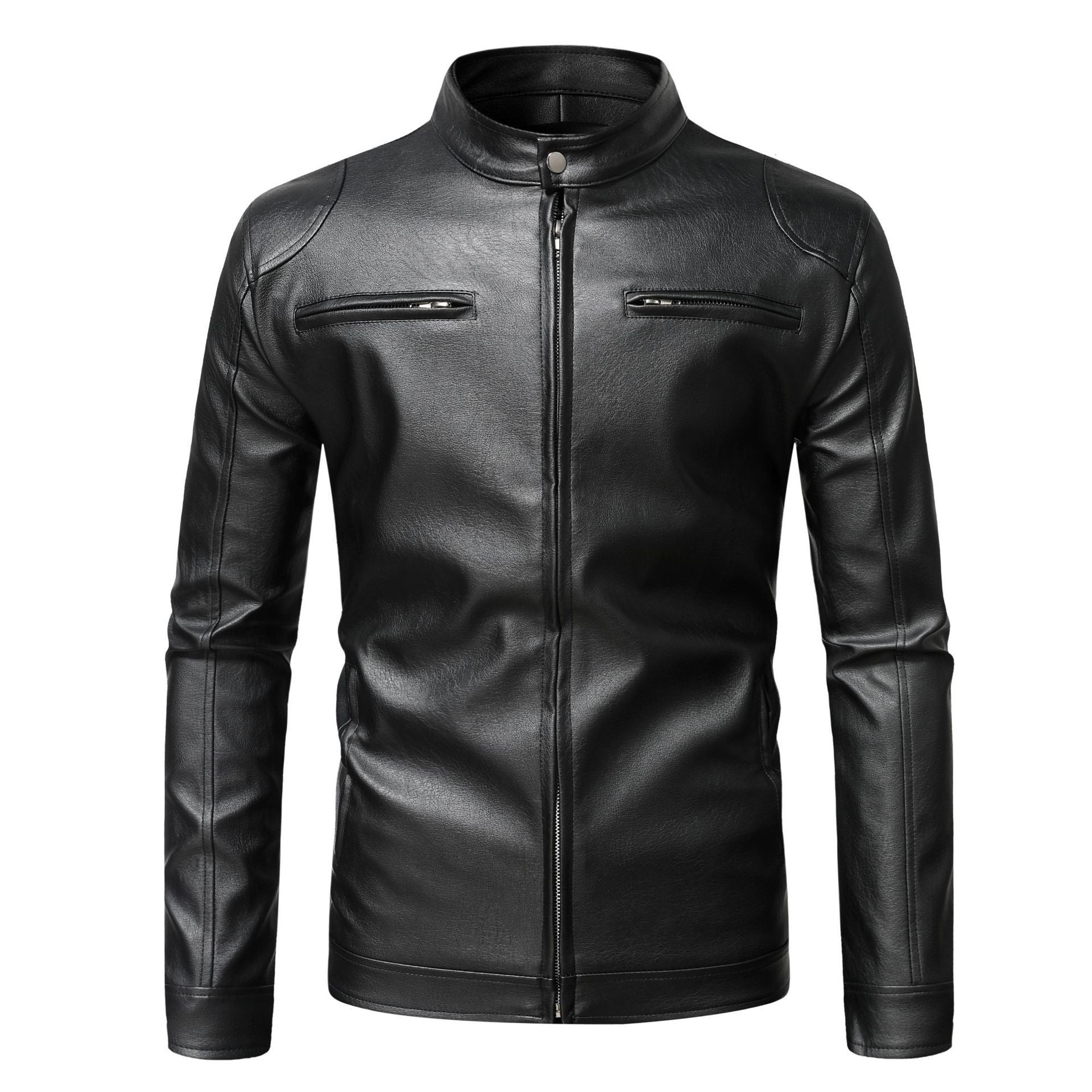 Men's Slim Leather Jacket in Urban Biker Style with Stand Collar and Chest Zipper Pockets Chichicherry