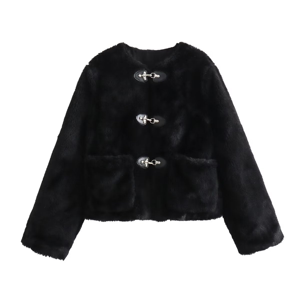 Women's Short Teddy Jacket Made of Faux Fur with Toggle Closures and Patch Pockets Chichicherry