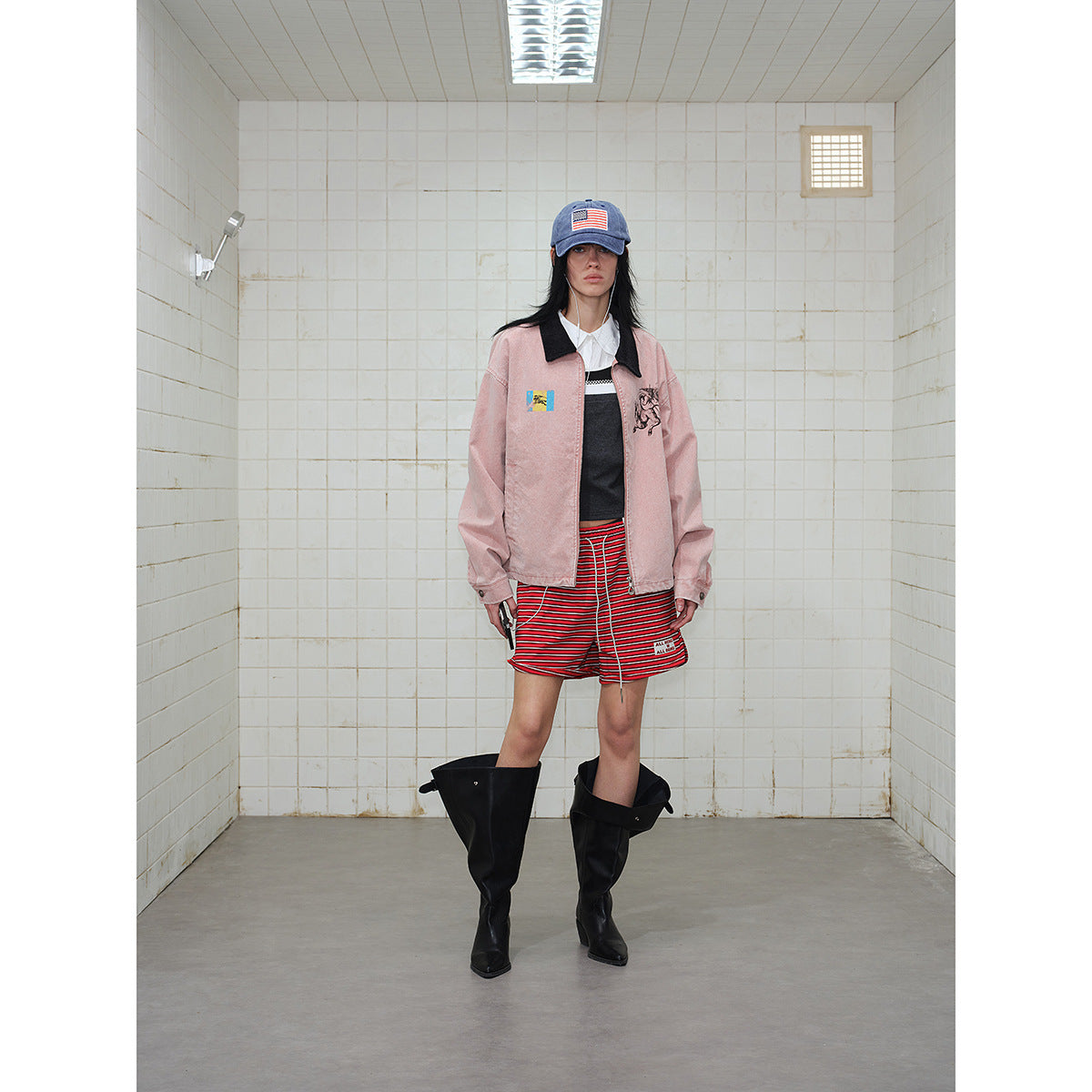 Unisex Boxy Blouson Jacket made of washed cotton twill with cord collar and print details Chichicherry