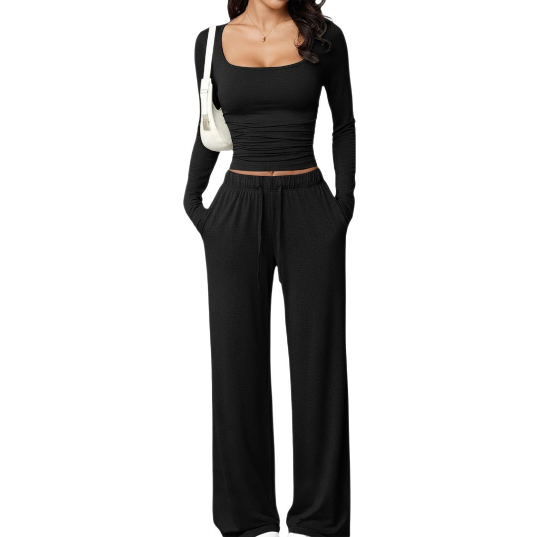 Women's Two-Piece Relax Set with Fitted Long Sleeve Crop Top and Loose Jersey Pants Chichicherry