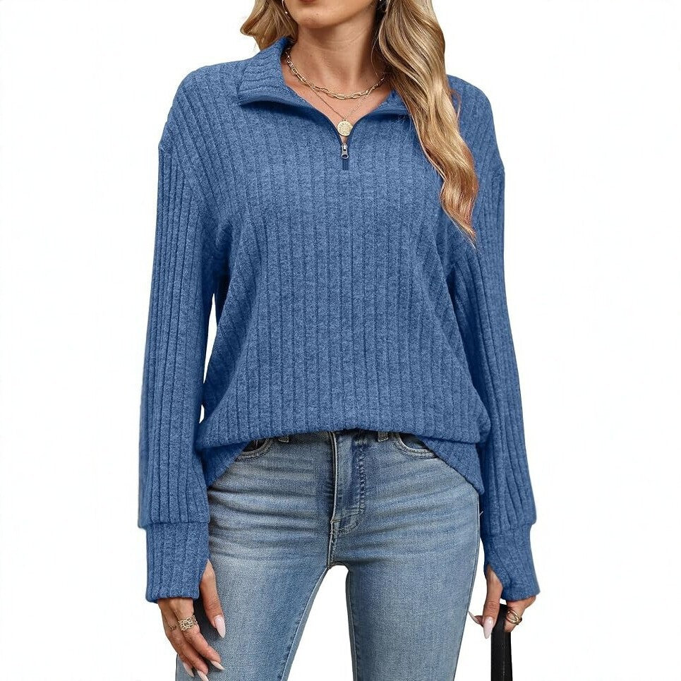 Women's Ribbed Half-Zip Sweater with Stand-Up Collar and Relaxed Fit Chichicherry