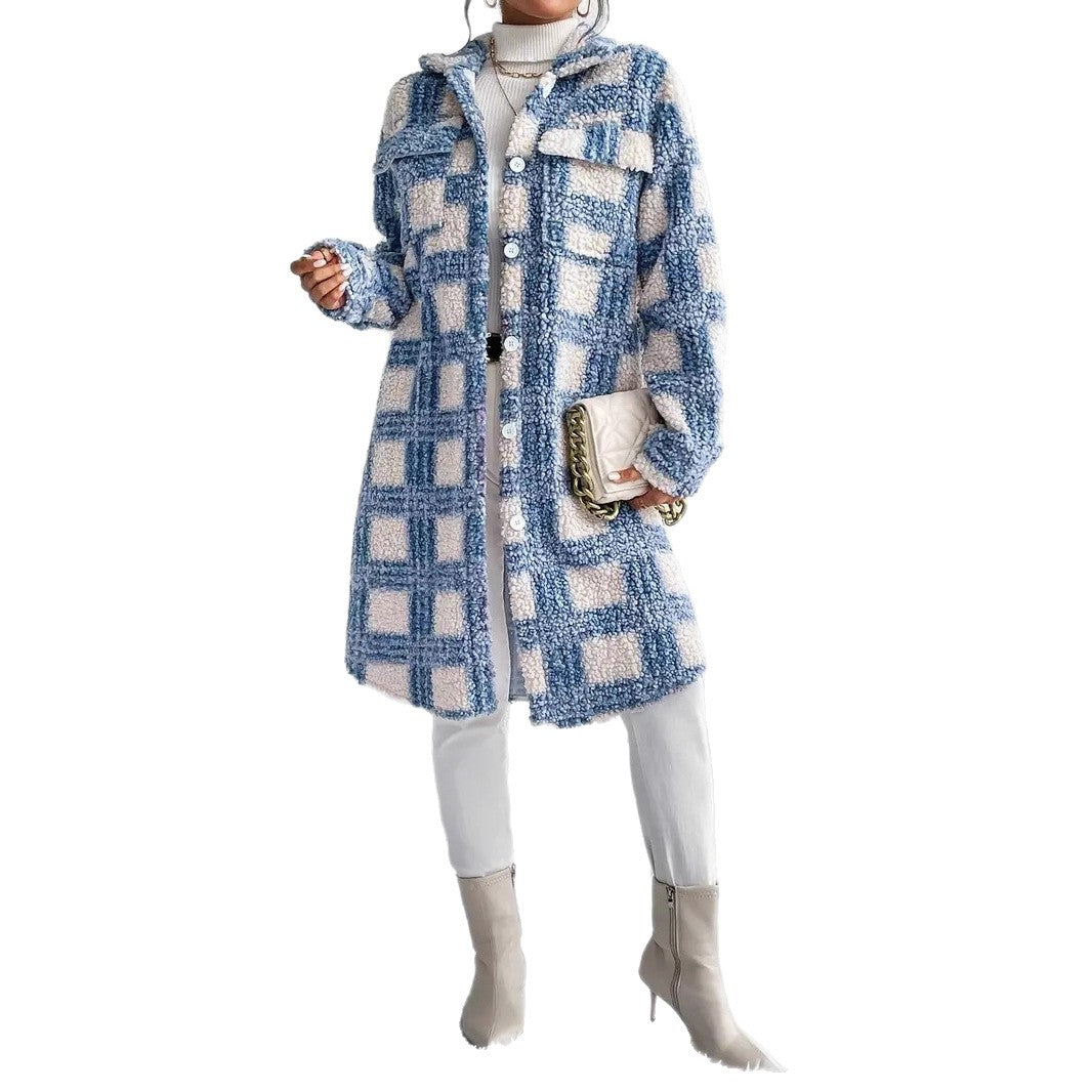 Women's teddy coat with large check pattern, shirt collar, and button closure Chichicherry