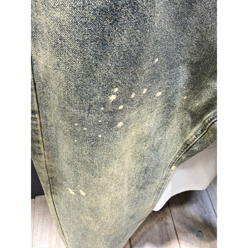 Herren Relaxed-Tapered Vintage-Jeans mit Paint‑Splatter, hohem Bund und umgeschlagenem Saum Chichicherry
