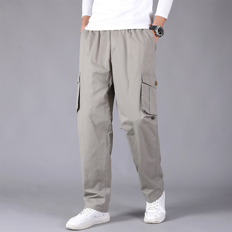 Men's loose cargo pants with elastic drawstring waistband, flap pockets & straight leg Chichicherry