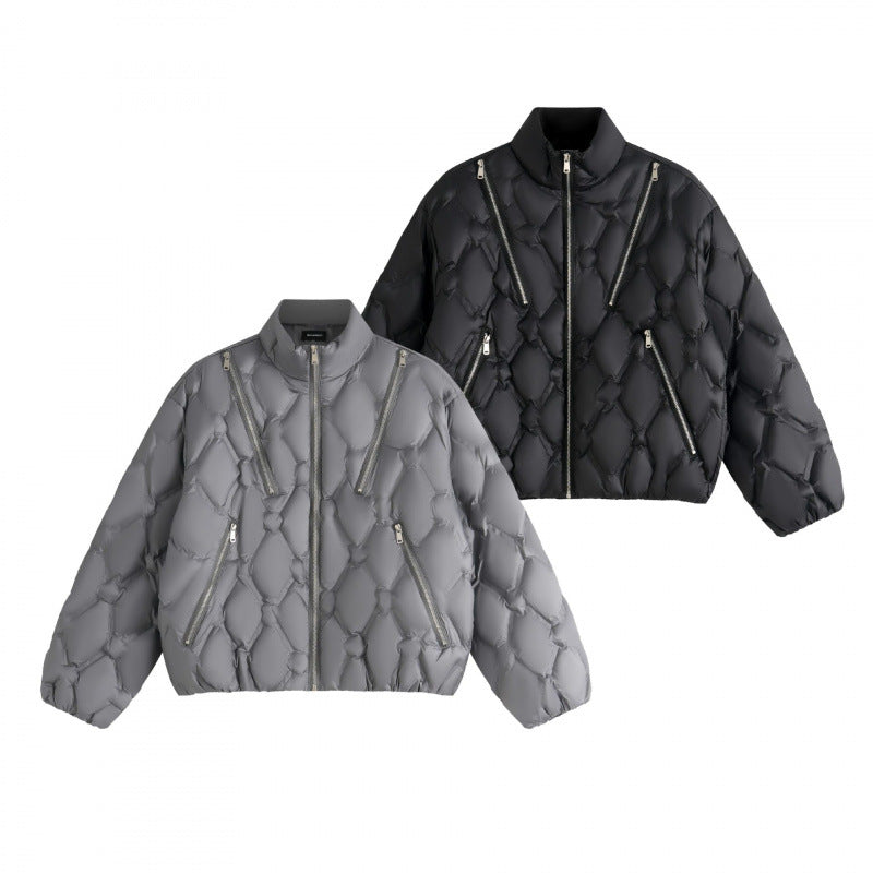 Unisex short cut quilted jacket in boxy cut with diamond quilting and diagonal zip pockets Chichicherry