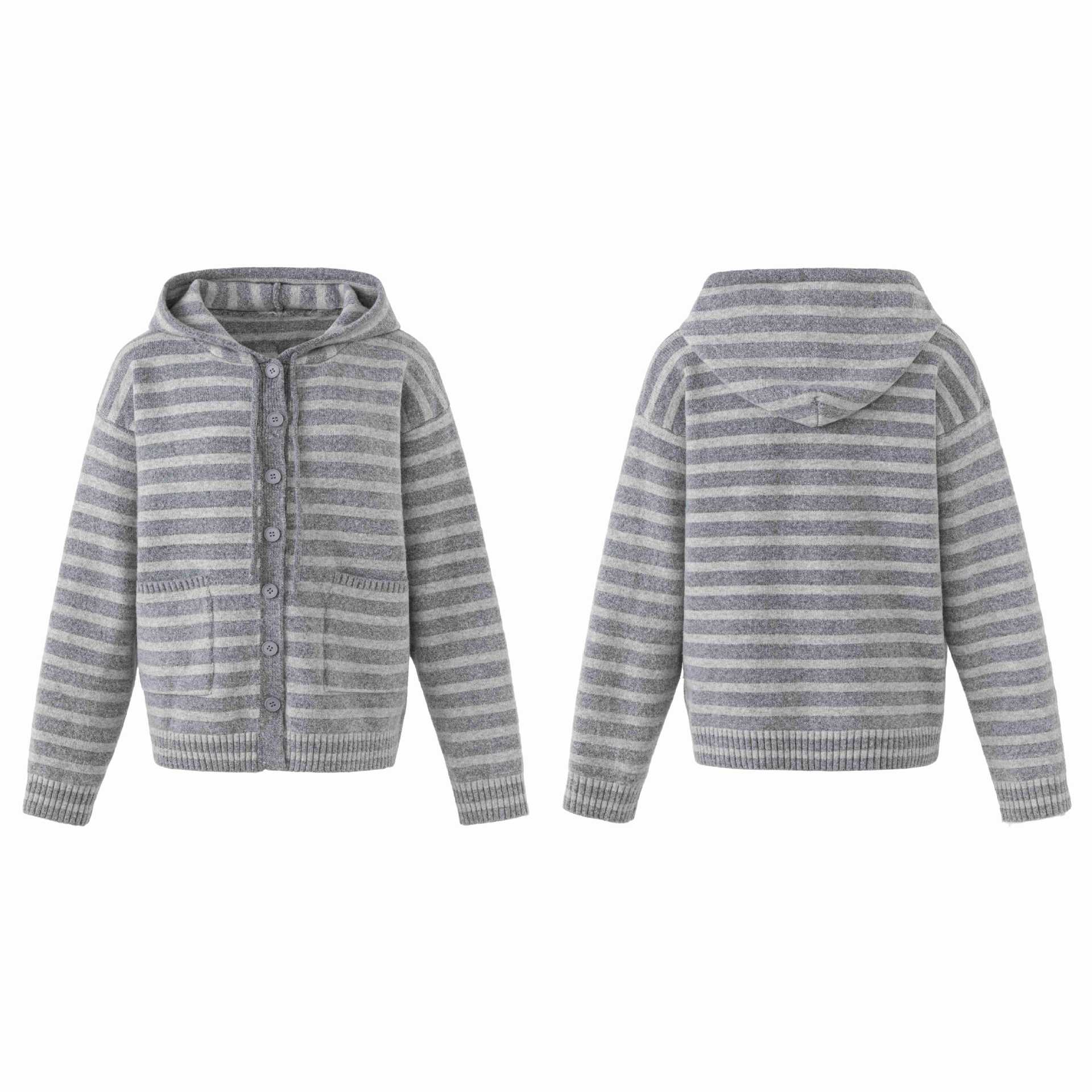 Women's hooded cardigan with button placket and block stripes Chichicherry