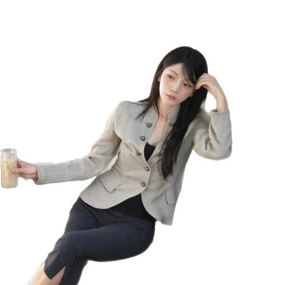 Women Tailored Linen Blazer with Stand-up Collar and Decorative Button Placket Chichicherry