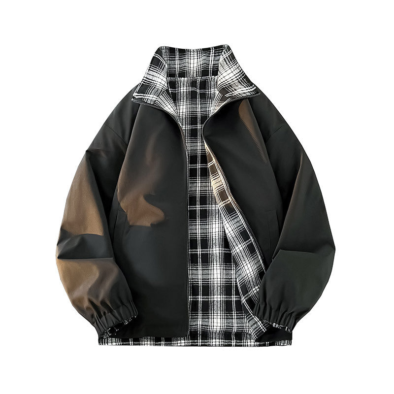 Unisex Reversible Utility Jacket with checked lining, stand-up collar and elastic cuffs Chichicherry