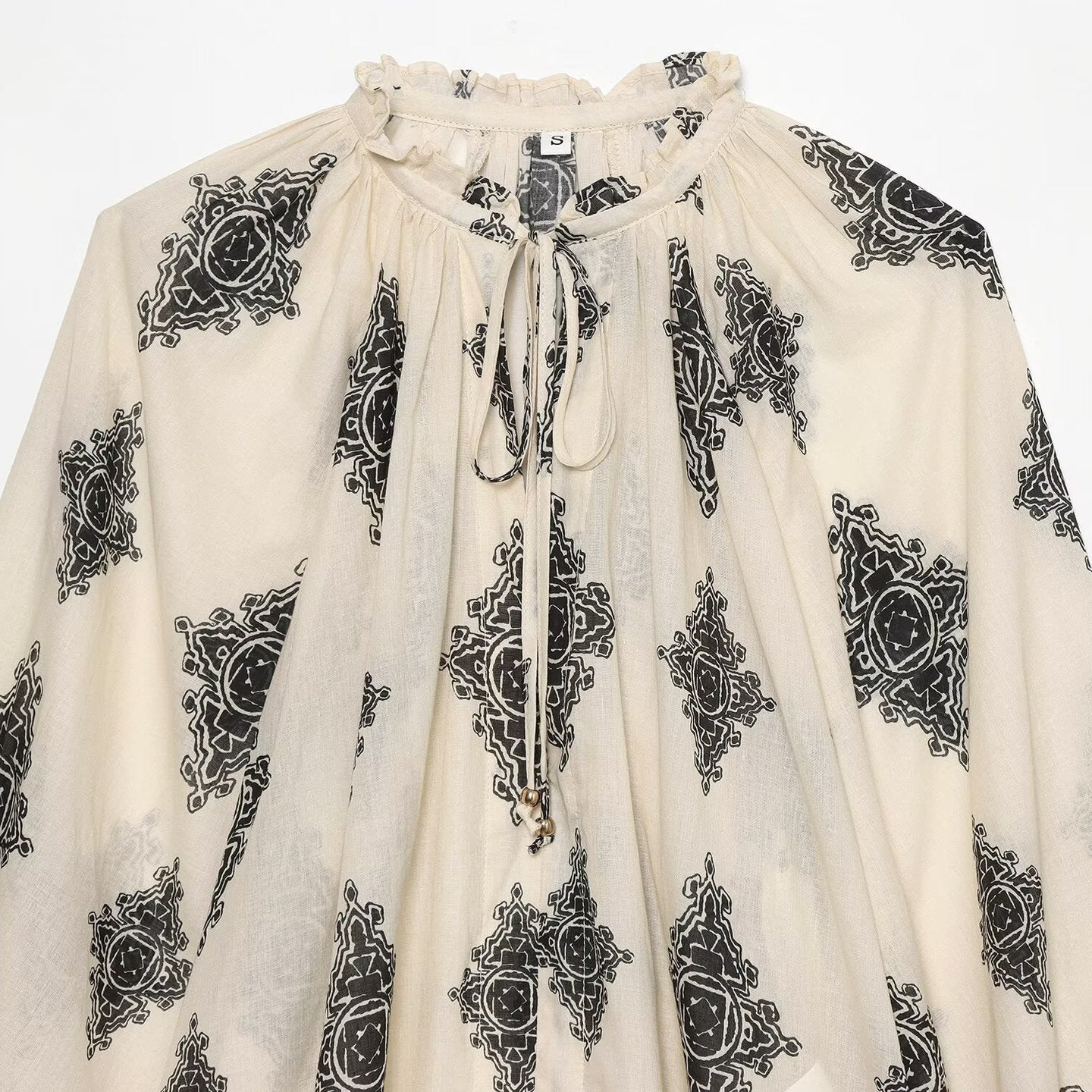 Women's Lightweight Chiffon Tunic with Ruffled Collar, Tie Band and Balloon Sleeves Chichicherry