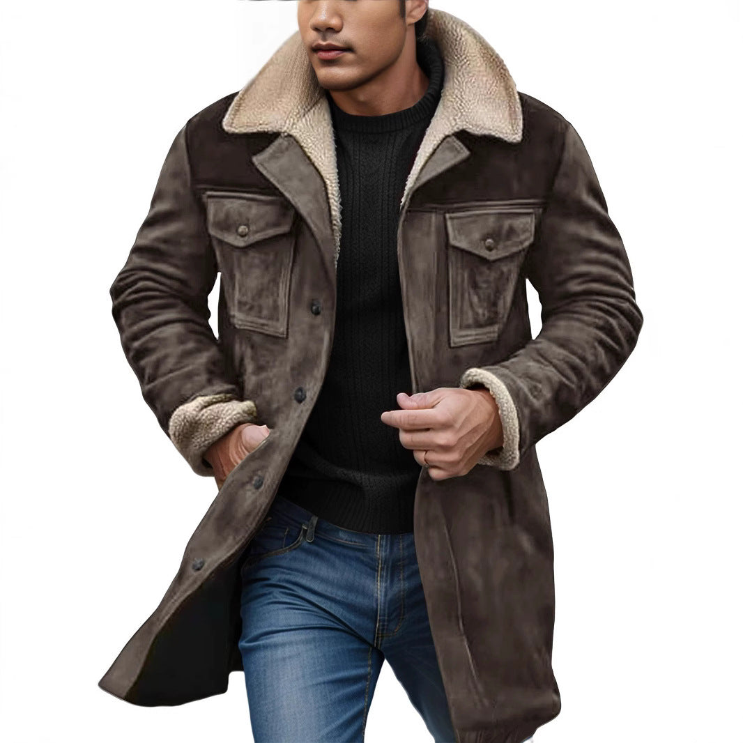 Men's Long Suede Coat with Teddy Lining and Flap Pockets Chichicherry