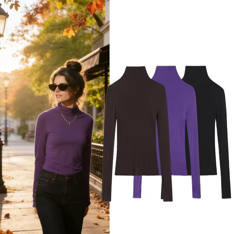 Women Slim Fit Long Sleeve Top with High Roll Neck and Stretch Jersey Chichicherry