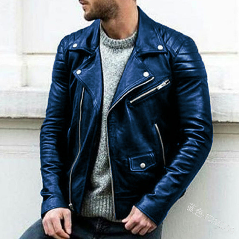 Men's Biker Leather Jacket with Asymmetrical Zipper and Quilted Shoulder Area Chichicherry