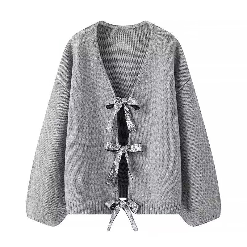Women Oversized Knitted Cardigan with V-Neck and Sequin Bows Chichicherry